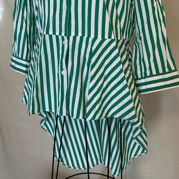 Cato Green & White Striped Blouse peplum train button-front lrge high-low cotton - Picture 4 of 16